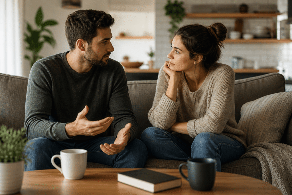 A couple sitting together at home having a thoughtful, serious conversation about their relationship.