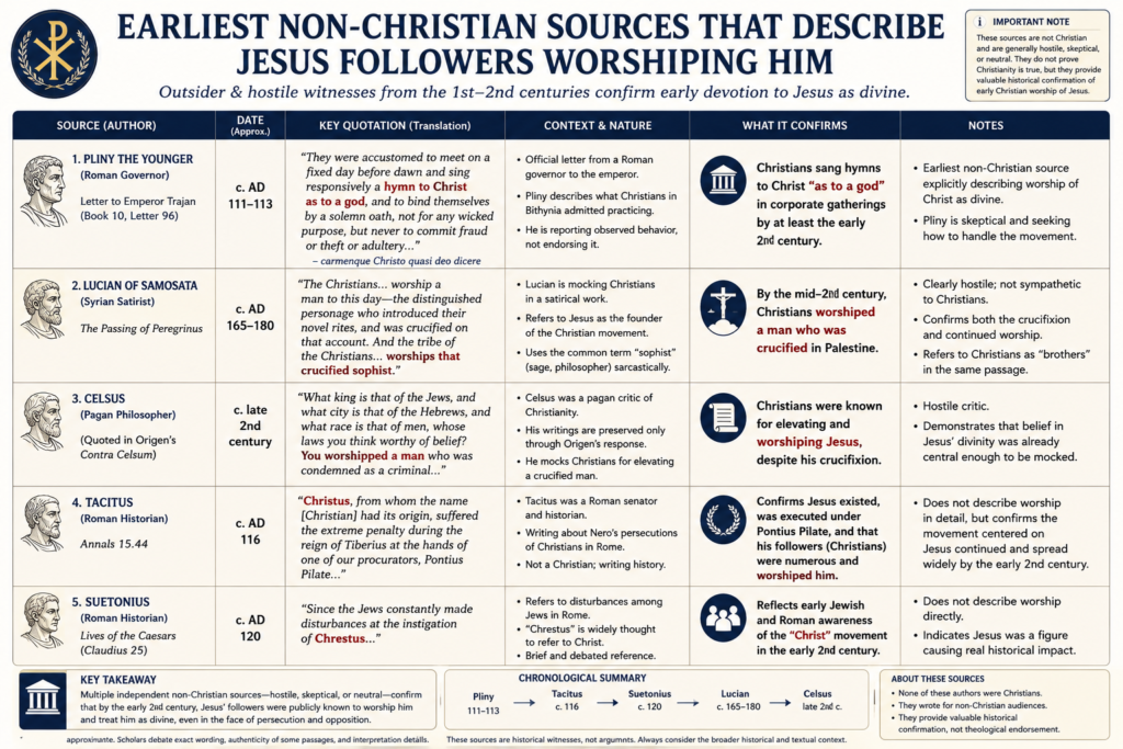 Infographic comparing early non-Christian sources such as Pliny, Lucian, Tacitus, and Celsus that describe Jesus’ followers worshiping him or treating him as divine.