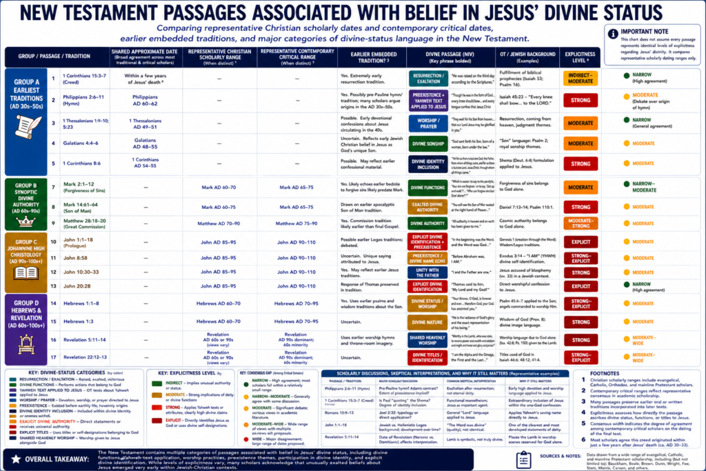 Chart comparing New Testament passages associated with belief in Jesus’ divine status, including traditional Christian and contemporary critical dating ranges, early embedded traditions, and categories of divine-status language.
