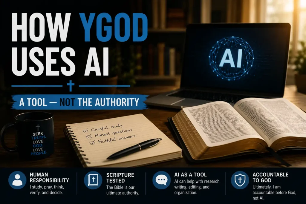 Infographic explaining how YGod uses AI as a tool for research, writing, editing, critique, and organization while emphasizing Scripture, human responsibility, and accountability to God.