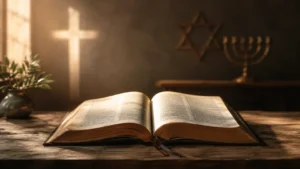 Open Bible with soft cross-shaped light and subtle Jewish symbolism, representing the Christian rejection of antisemitism.