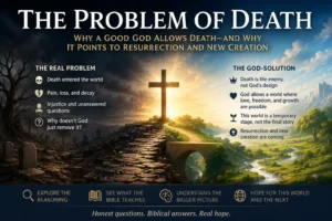 Infographic showing a dark broken landscape, a cross, and a renewed creation to illustrate Christian hope in response to death.