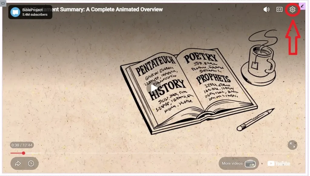 YouTube video screen with a red arrow pointing to the settings gear icon in the upper right corner.