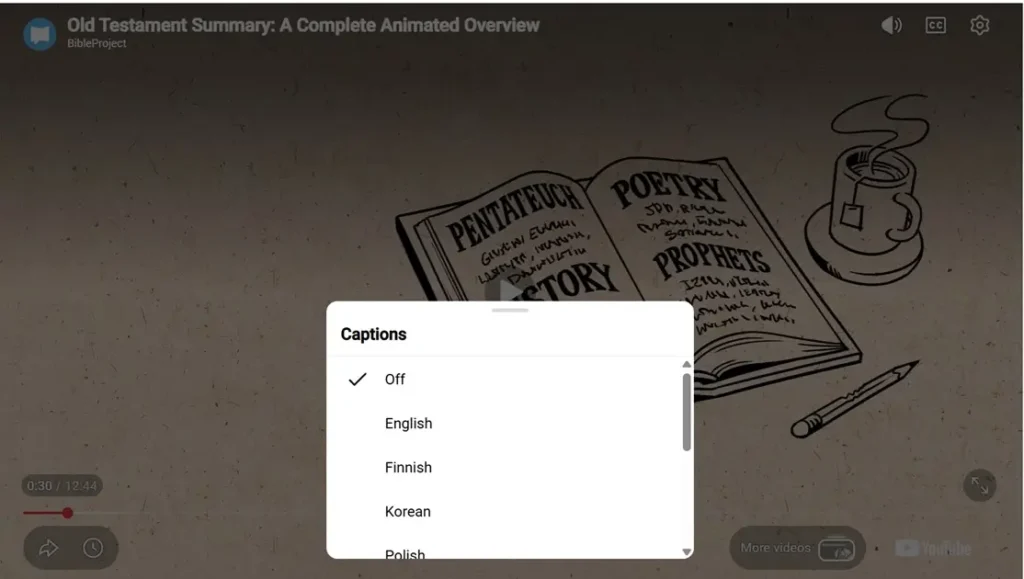 YouTube captions language menu showing options including Off, English, Finnish, Korean, and Polish.