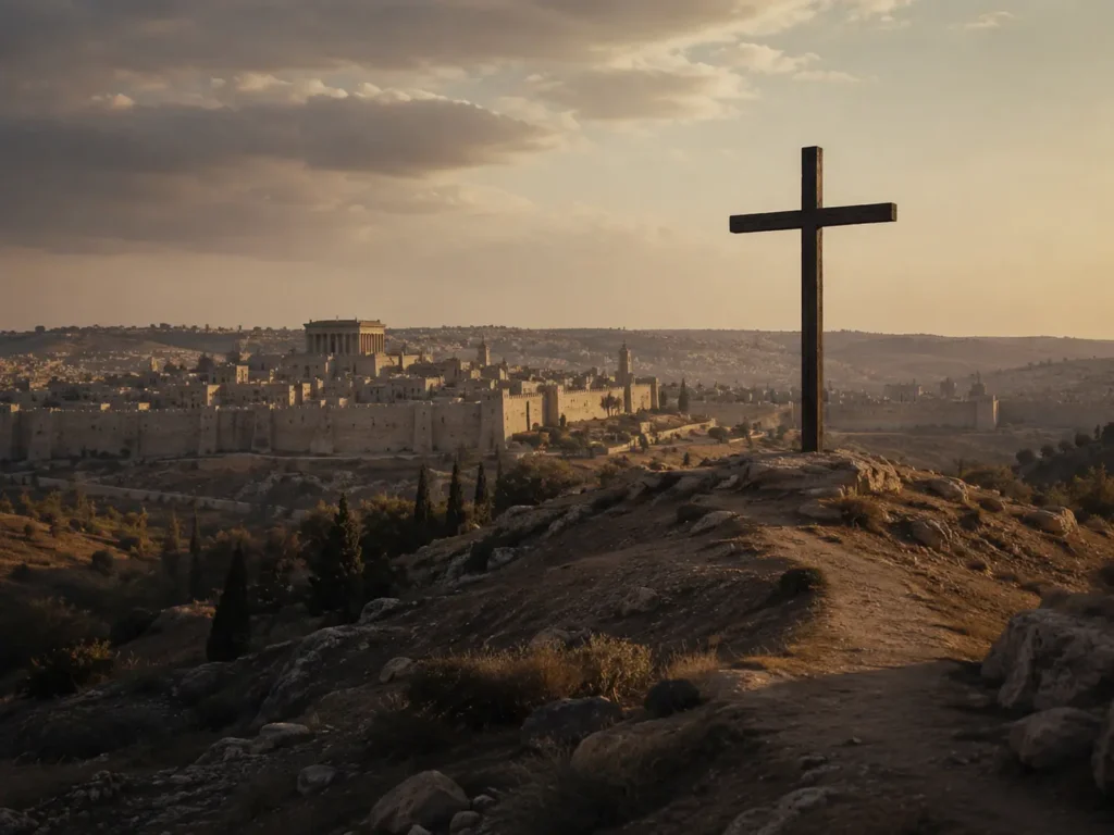 First-century Jerusalem with a Roman cross silhouette, representing the historical context of Jesus’ crucifixion.