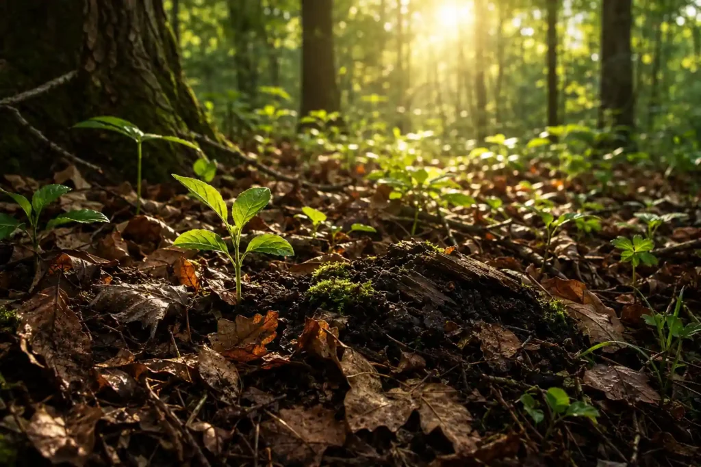 Fallen leaves and new green growth on a forest floor, showing how death, decay, and renewal are connected in nature.