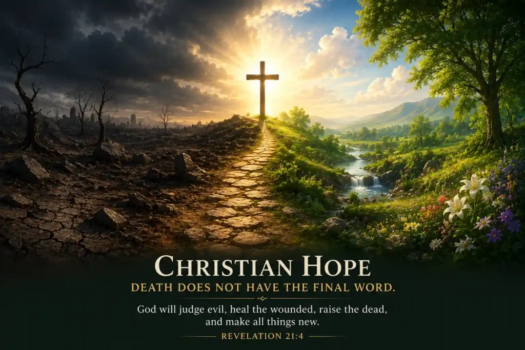 A symbolic image of a cross and pathway between a dark broken landscape and a bright renewed creation, representing Christian hope in resurrection and new creation.