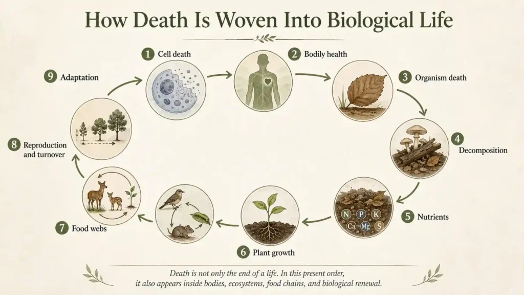 Diagram showing how cell death, organism death, decomposition, nutrients, plant growth, food webs, and adaptation are connected in biological life.
