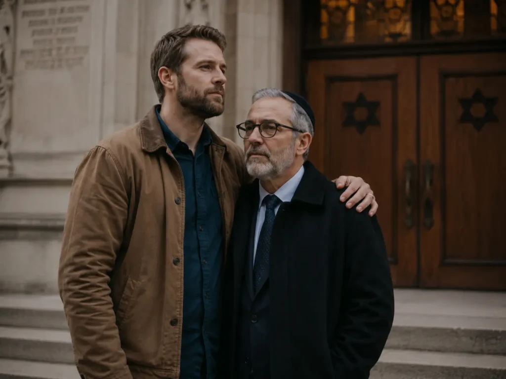 One person standing protectively beside a Jewish neighbor outside a place of worship, symbolizing love of neighbor and refusal to stand aloof.