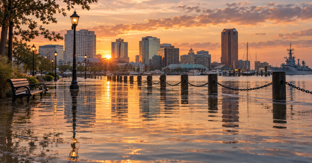 AI-generated illustration of downtown Norfolk, Virginia, at sunset with waterfront flooding, illustrating sea-level rise and the Christian responsibility to care for people and creation.